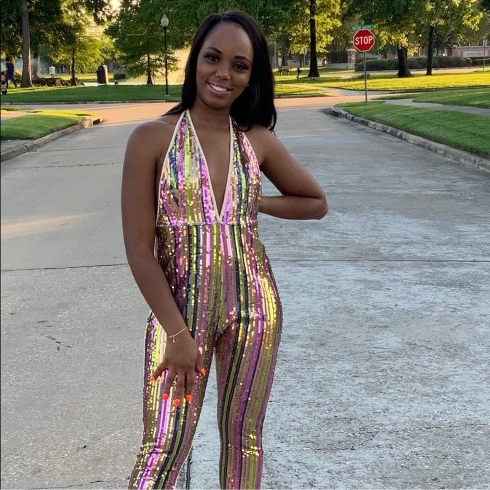 Boutique Multicolor Sequin Halter Jumpsuit Open Back Party Festival Medium